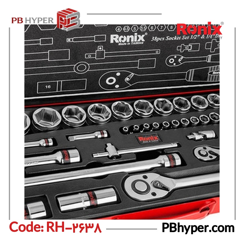 جعبه بکس 38 پارچه رونیکس مدل RH-2638 سایز 1/2 -1/4 اینچ
